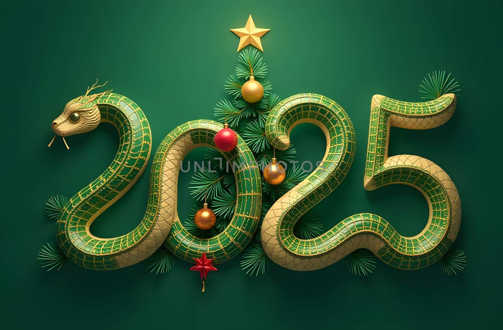 Explore the 2025 numbers crafted as a snake winding around pine branches. The Christmas tree features lovely ornaments, with a shining star at the center, perfectly capturing the holiday spirit. High quality photo