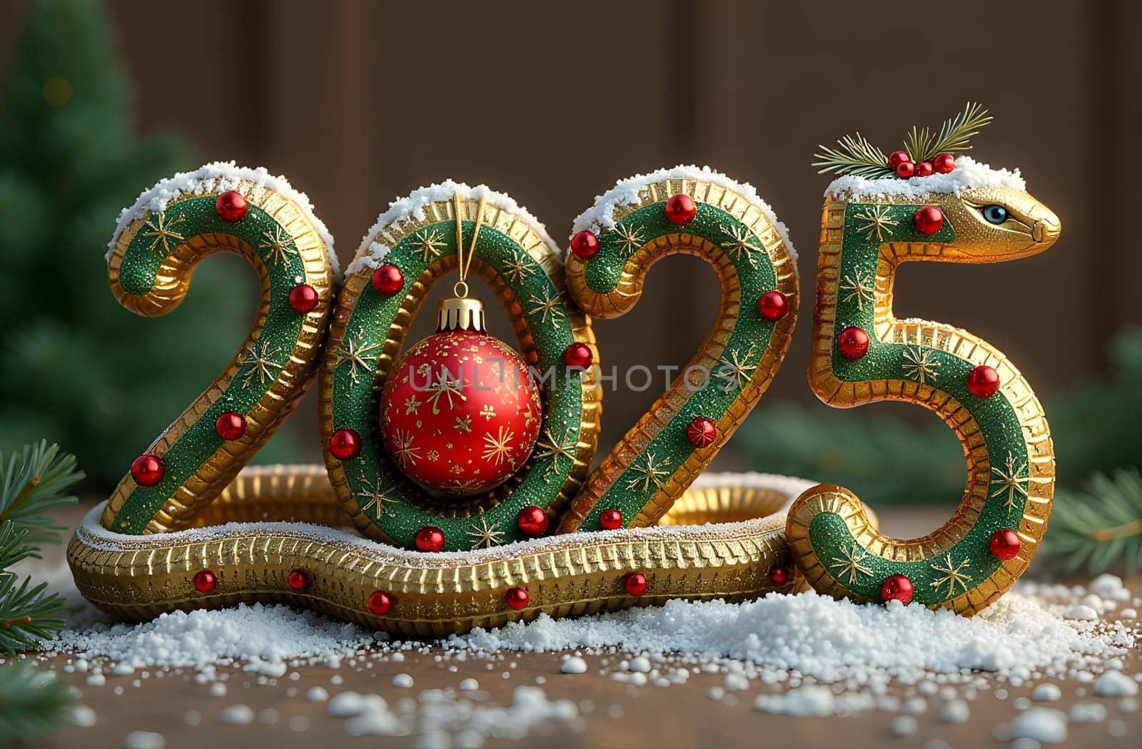 Explore the 2025 numbers designed as a green snake, decorated with snowflakes and featuring a Christmas ornament at its center. This whimsical design adds a festive flair to the holiday season. High quality photo