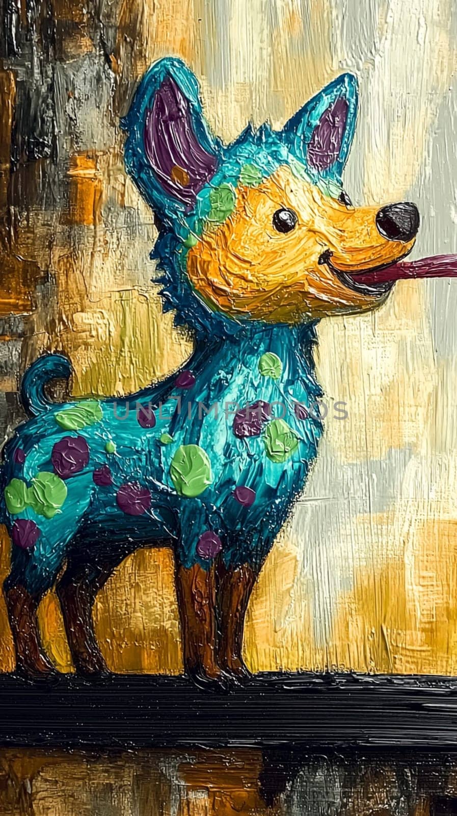 Small blue dog with its tongue out, painted in a colorful, expressive style. The thick brushstrokes and vibrant colors give the painting a sense of energy and playfulness