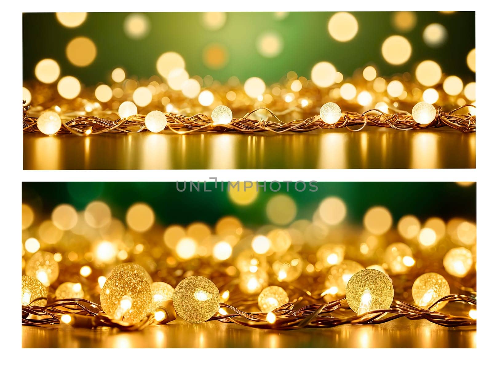 Panoramic wallpaper. Copy space. Used for digital decorative backgrounds, cards and holiday promotions.Christmas light decorations with a green diffused background
