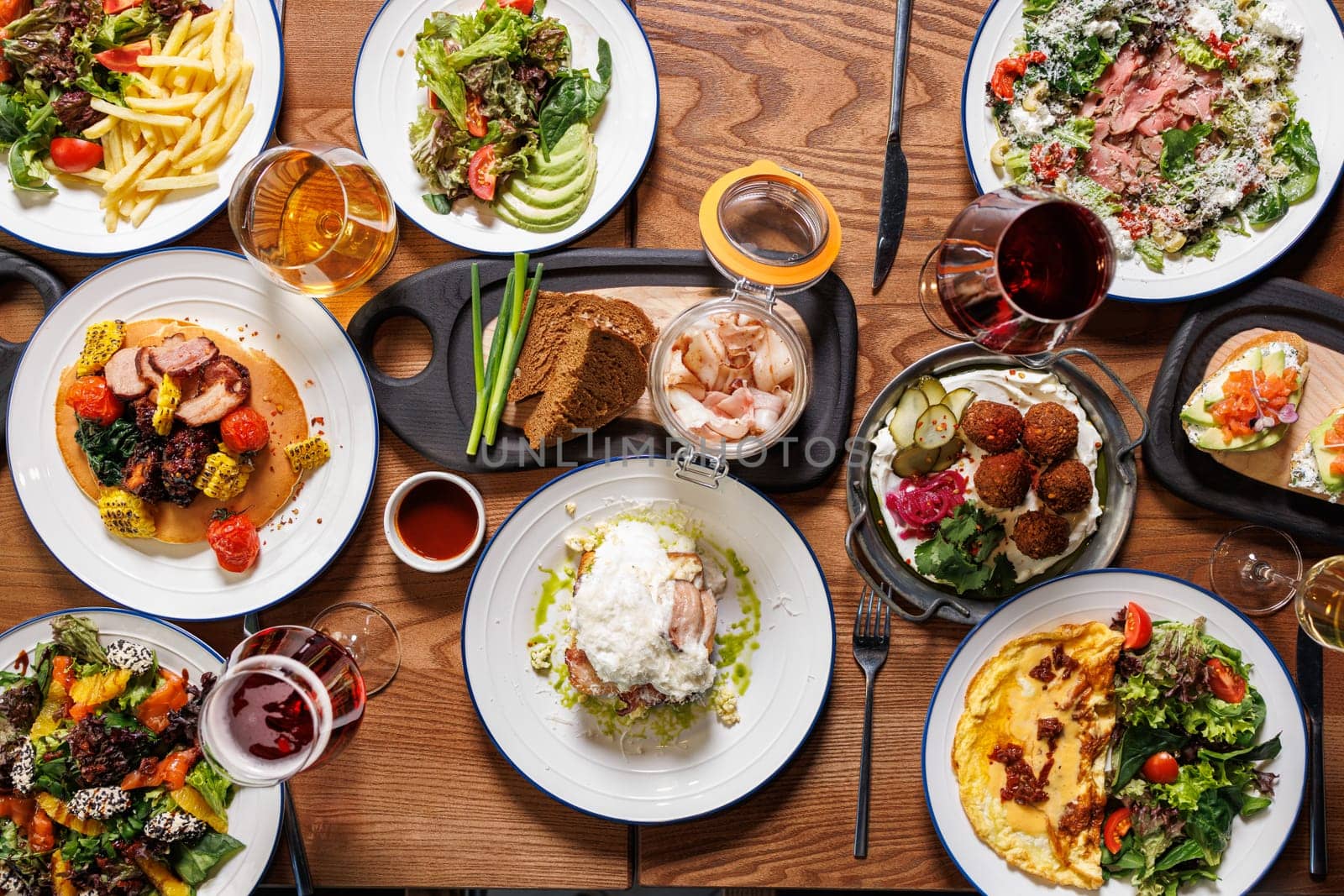 festive table with various food top view, no people, company party, gourmet food