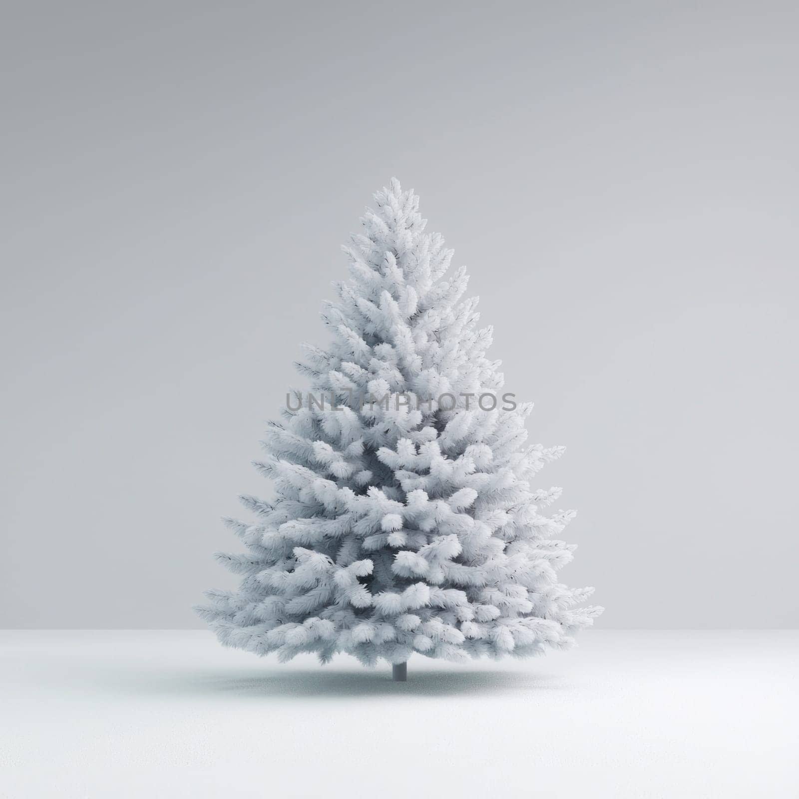 Frosted Christmas tree standing elegantly against neutral backdrop.