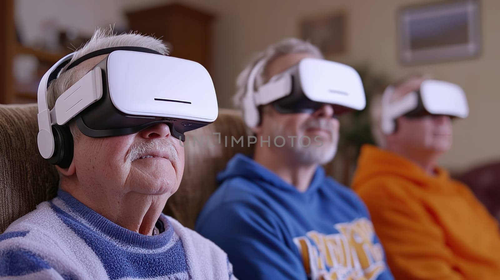 Engaged seniors using virtual reality headsets in cozy living room.