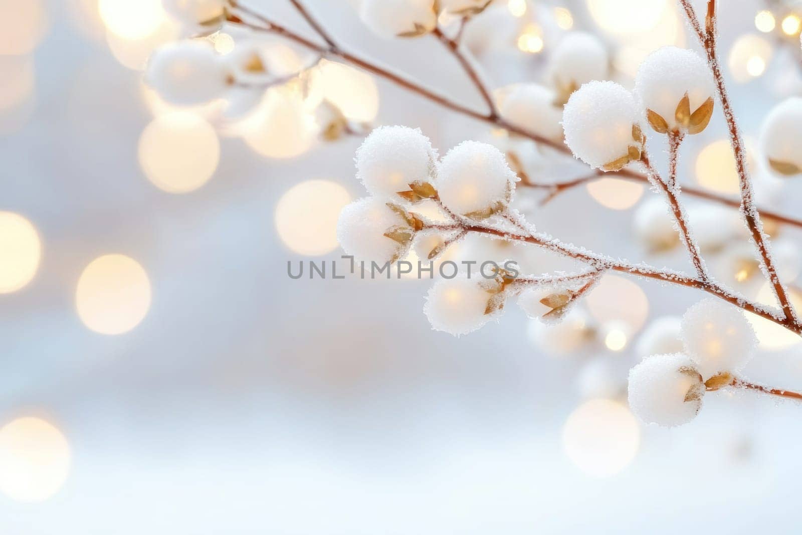 Snowy branches adorned with sparkling frost create serene winter scene.