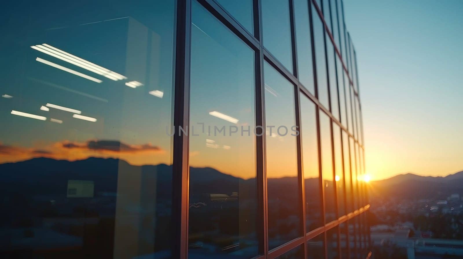 Sunset reflection on modern office building windows creates serene atmosphere.