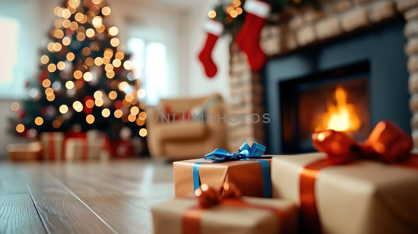 Cozy living room with decorated Christmas tree and gifts by fireplace.
