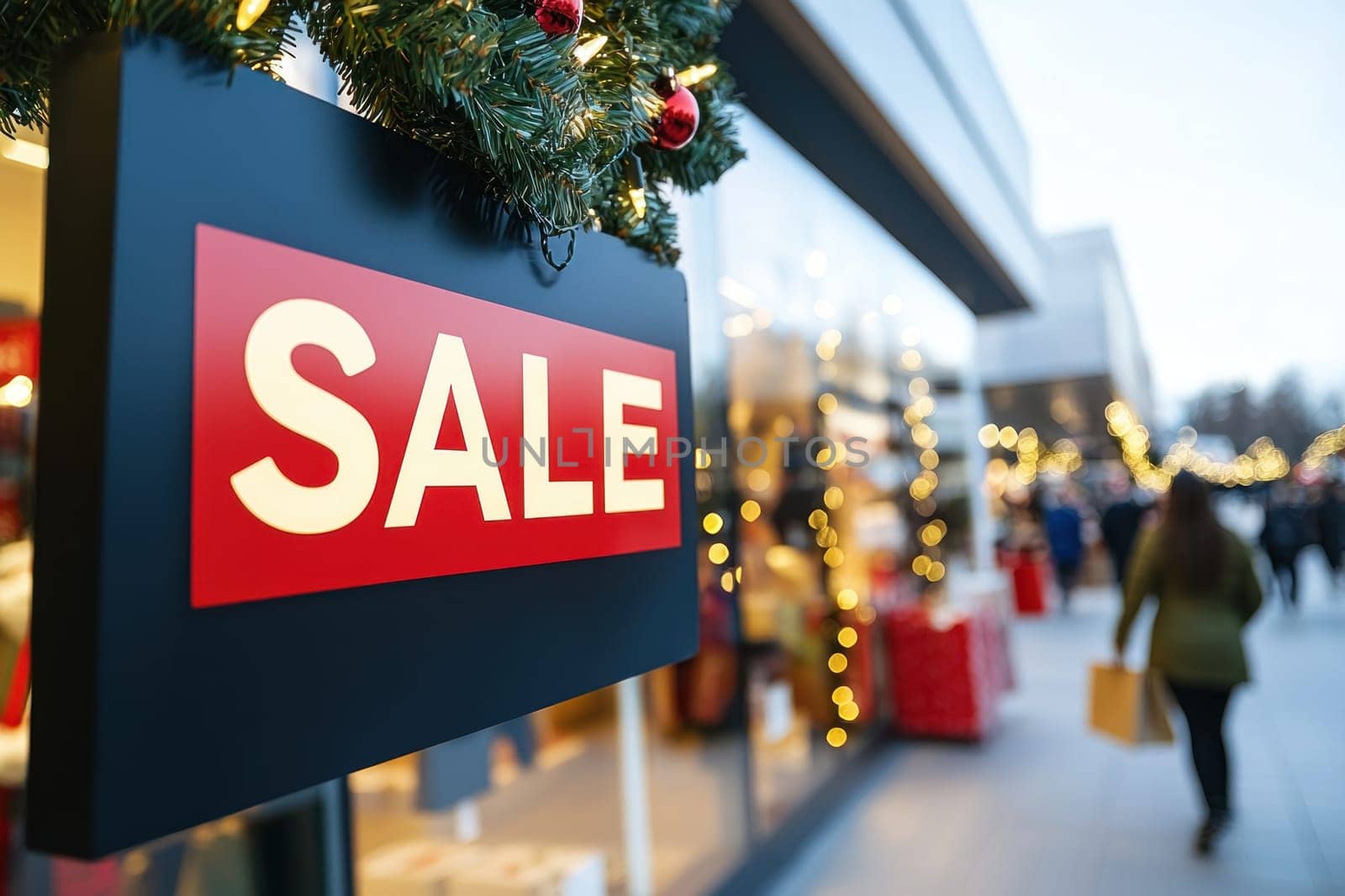 Vibrant holiday sale scene showcasing store with festive decorations.
