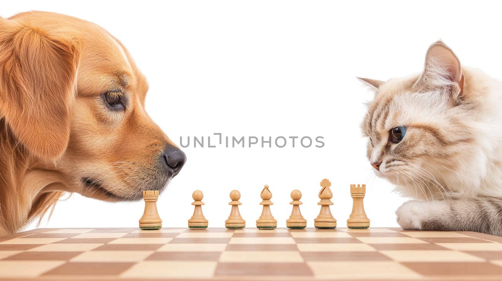 dog and cat are engaged in playful chess match, showcasing their unique personalities.