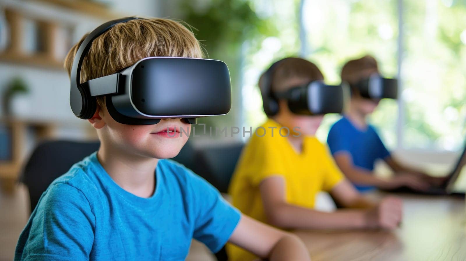Engaged children wearing virtual reality headsets in bright room.
