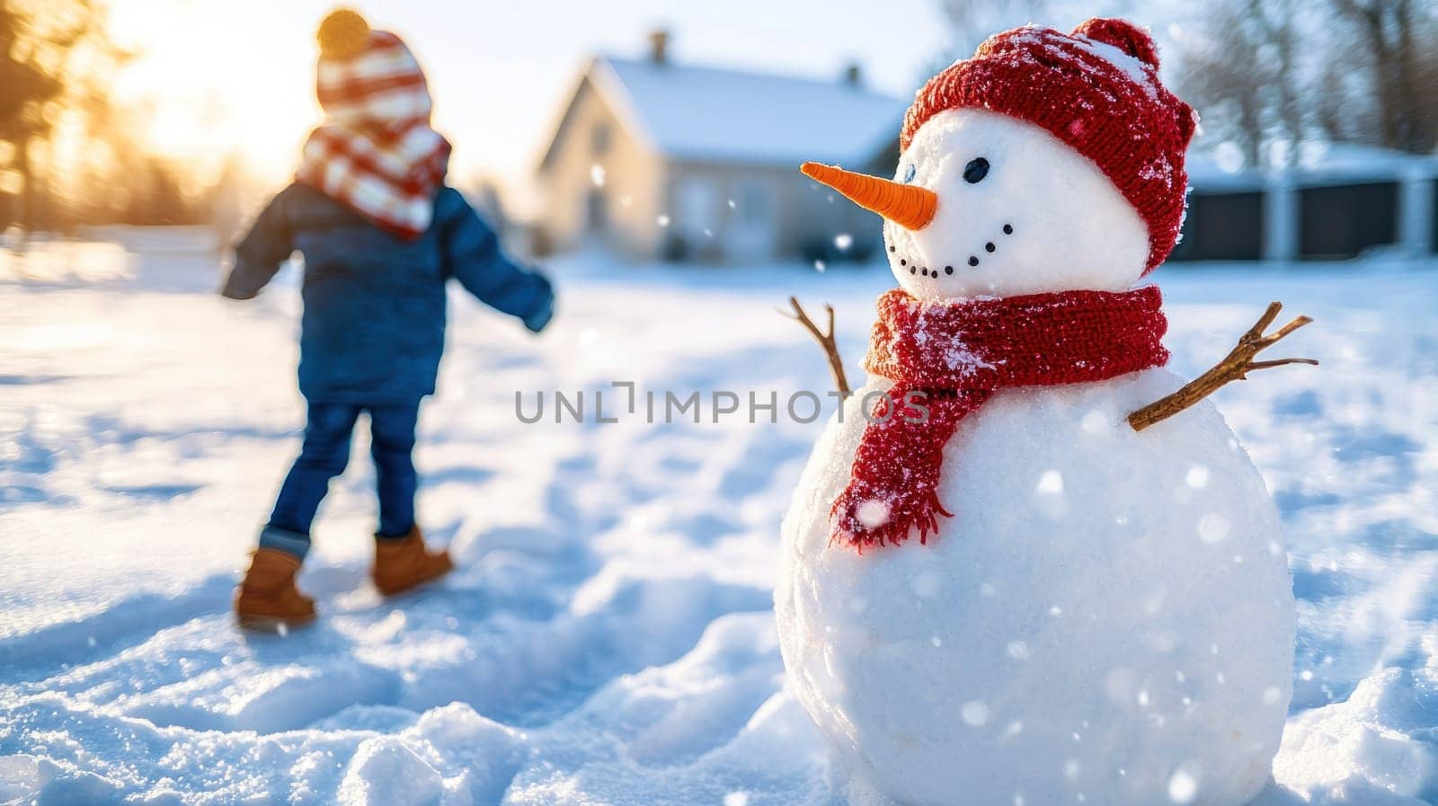 cheerful snowman with red scarf and carrot nose stands in snow.