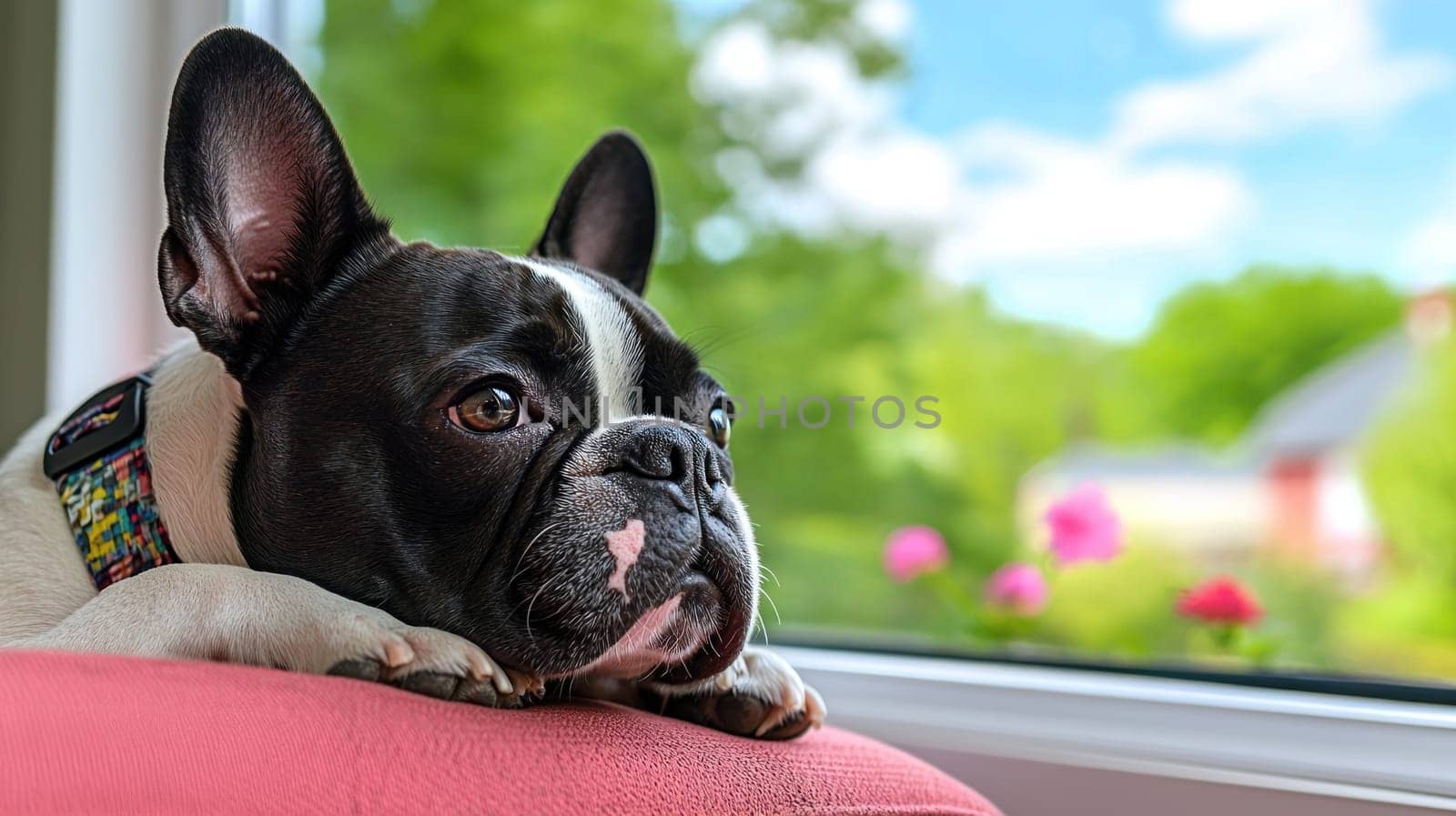 Relaxed dog gazing out window in modern home, enjoying view.