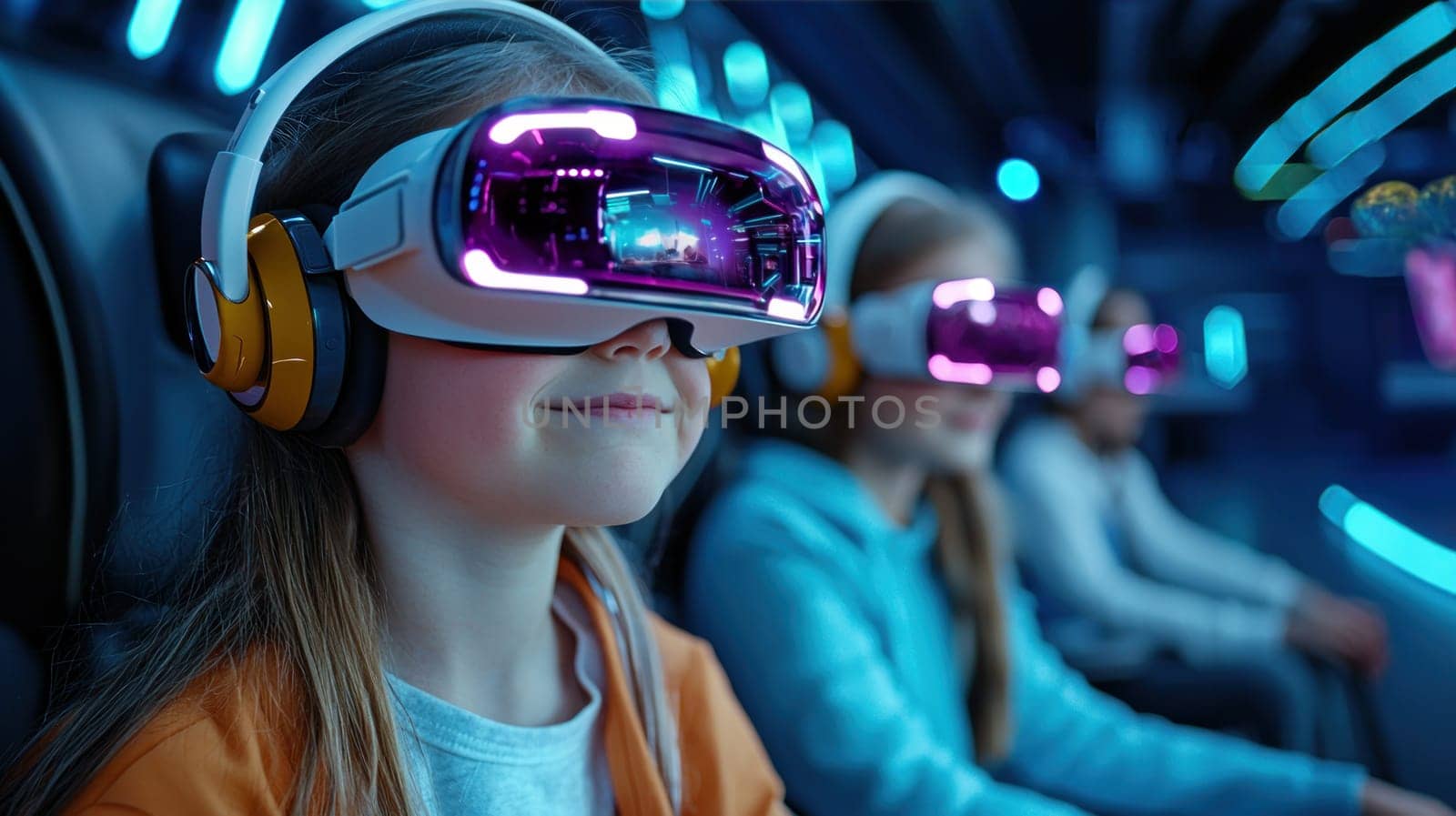 Immersed in virtual reality, girl enjoys exciting gaming experience.