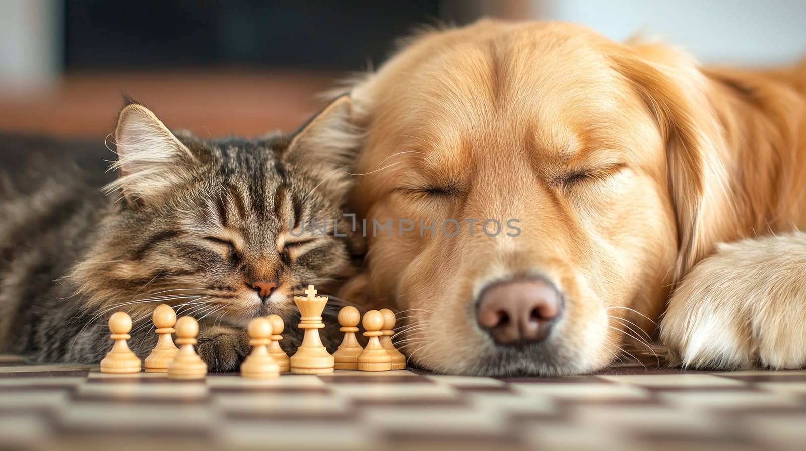 Sleeping dog and cat beside chess pieces create cozy scene.