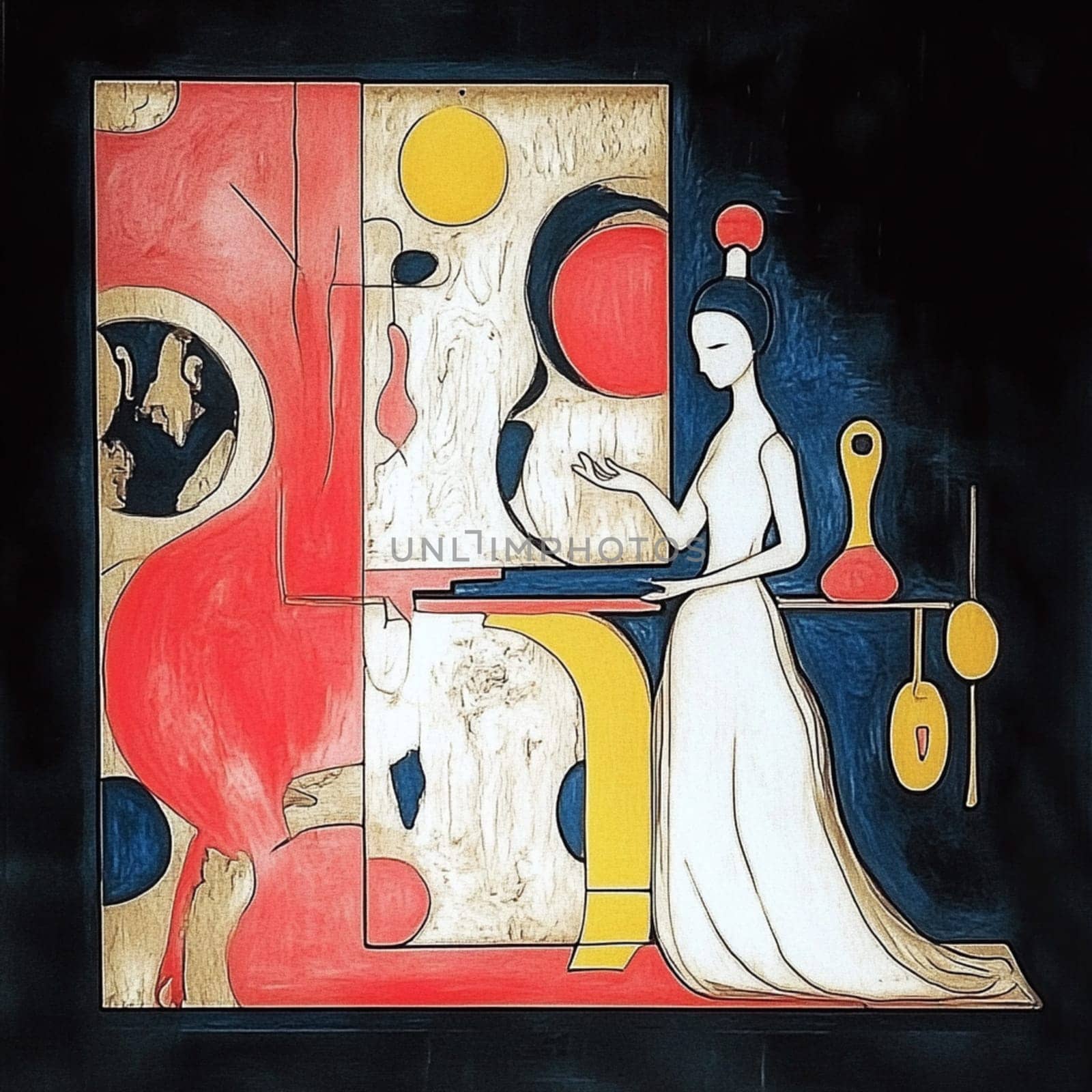 Elegant woman in a white dress is standing in front of an abstract painting with geometric shapes, gesturing with her hand as if presenting the artwork