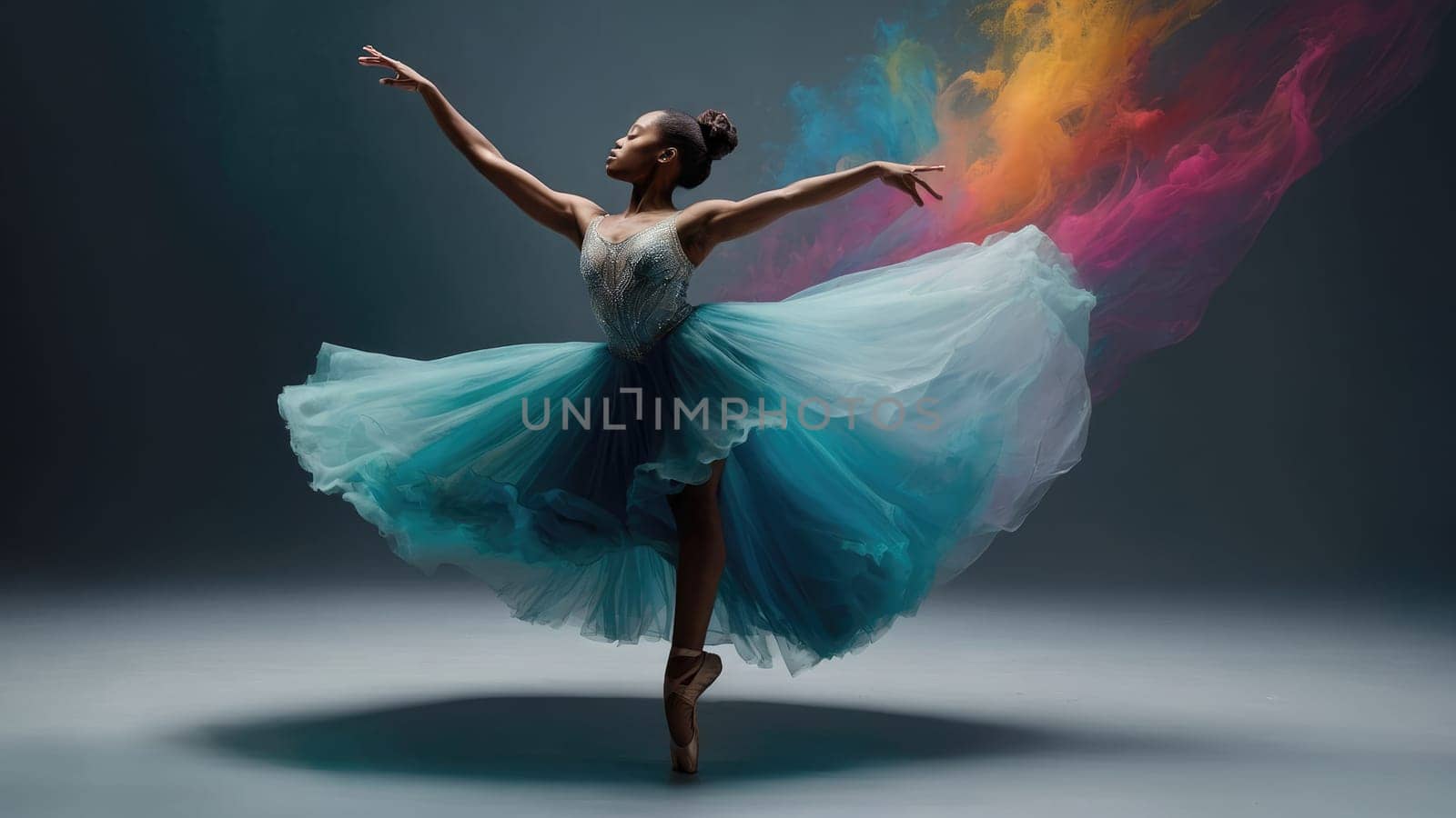 Young African-American Female Ballet Dancer in Blue Tutu and Black Leotard with Powder Paint Effect.