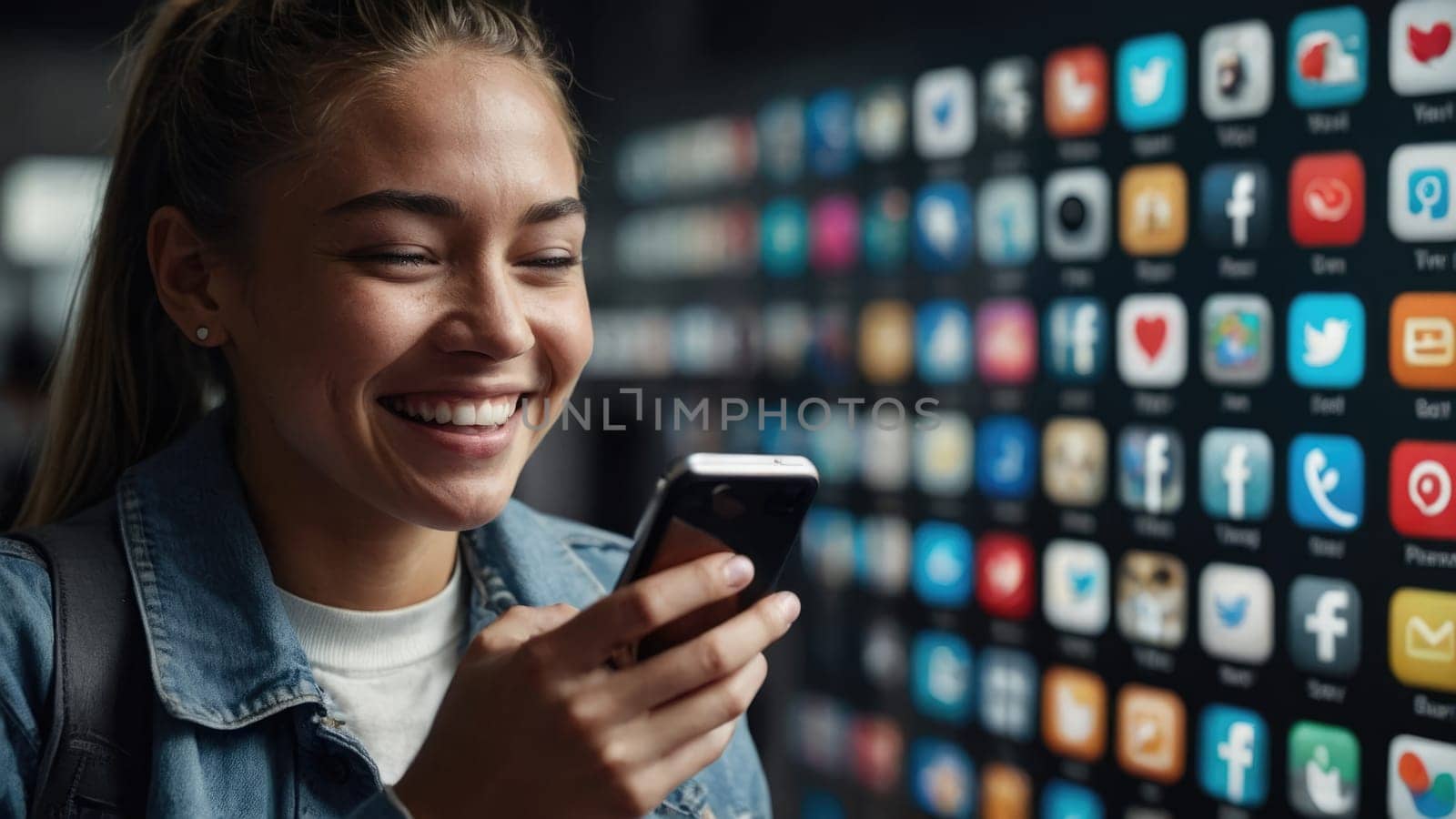 Smiling woman looking at her phone with social media apps on a screen in the background..