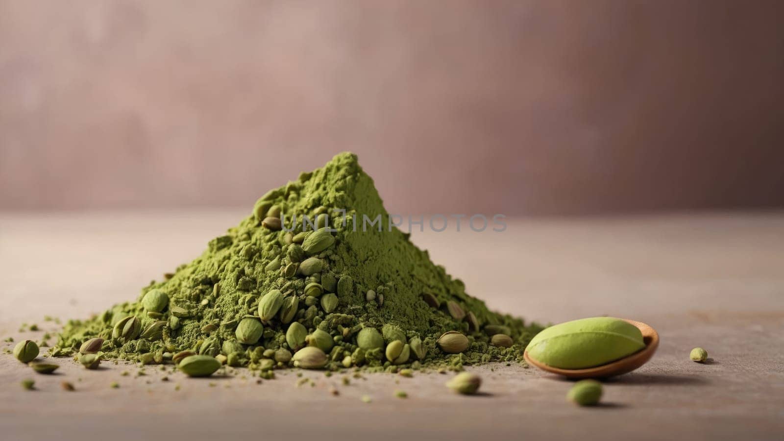 Vibrant matcha green tea powder and leaves isolated on beige background.