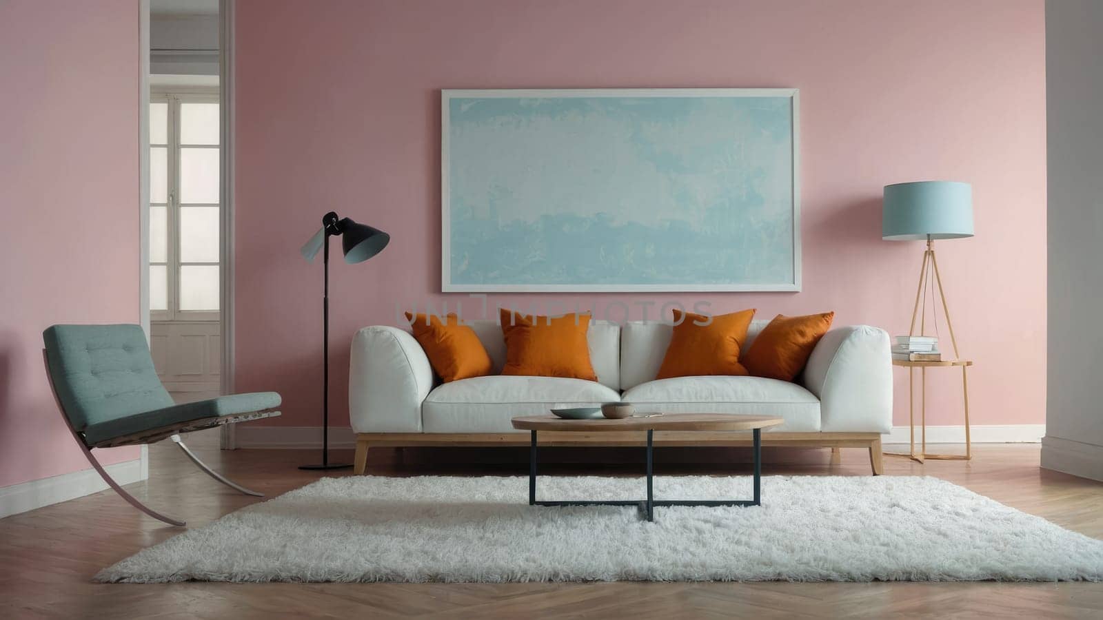 Stylish White Couch with Orange Pillows in a Beautifully Decorated Pink Wall Room.