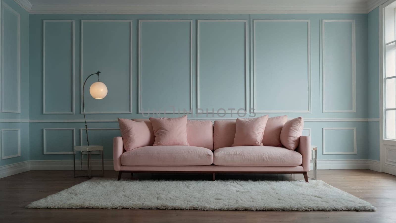 Stunningly Elegant Living Room Featuring a Soft Pink Sofa and Modern Decor Elements.