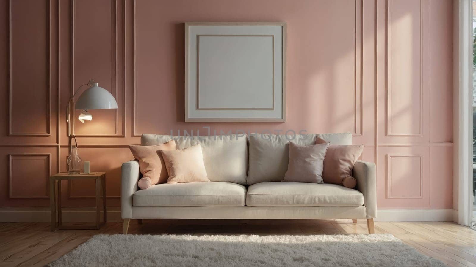 Elegant Living Room Interior with Stylish Sofa, Pink Wall Panels, and Modern Decor Elements.