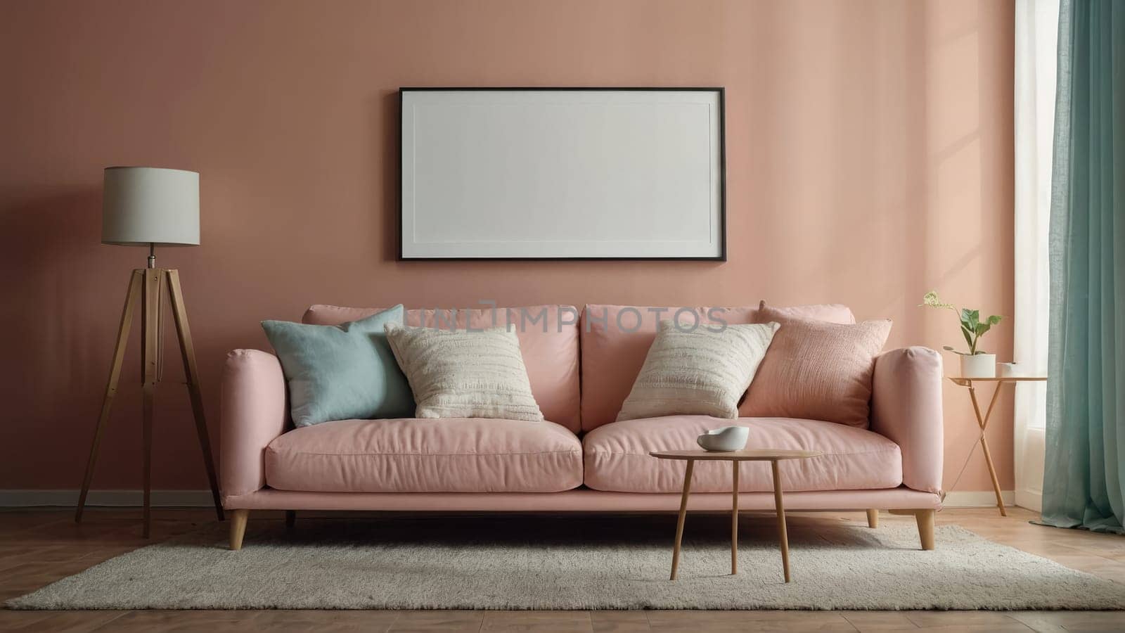 Stylish Peach Living Room Featuring a Cozy Pink Couch and Modern Decor Elements.