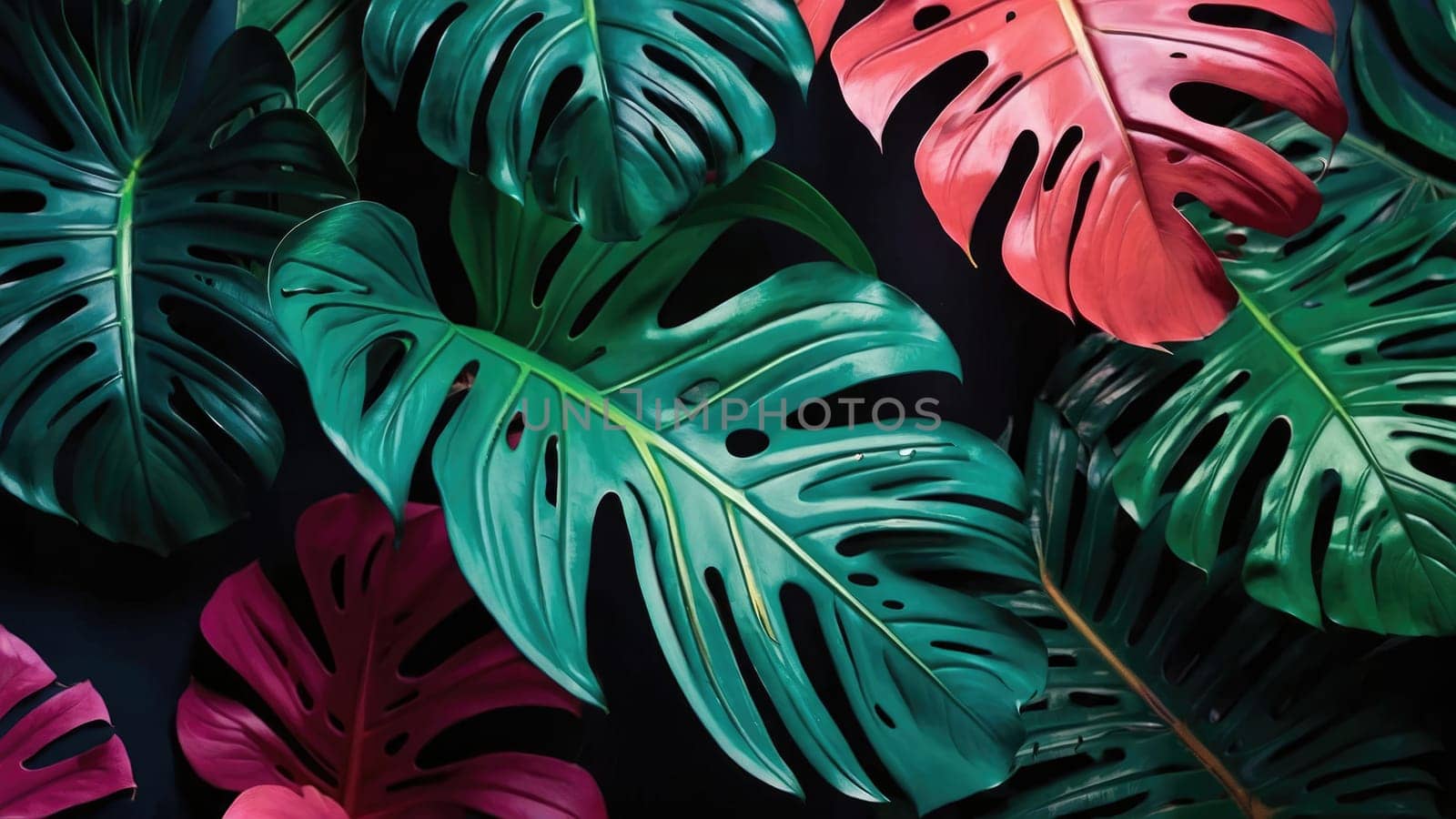 Vibrant Monstera Leaves on Black Background, Modern Tropical Foliage, Creative Nature Photography.