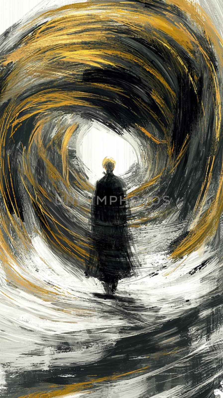 Abstract painting of a businessman walking into a swirling vortex of gold and black, symbolizing the challenges and opportunities of the business world