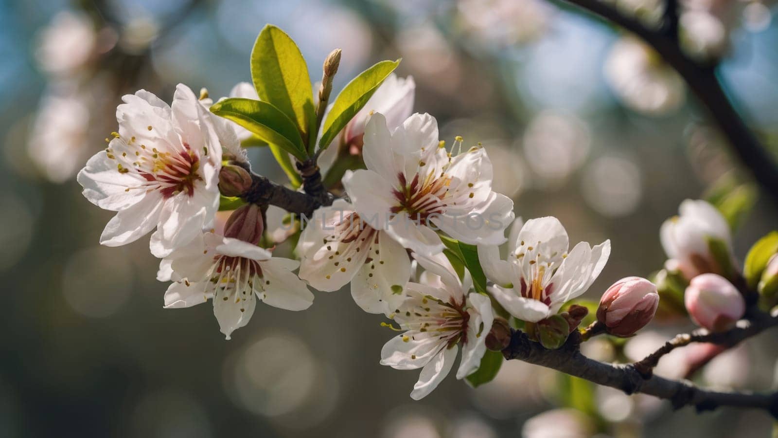 Close-up Macro Shot of a Single Almond Tree Branch in Full Bloom with Delicate Blossoms.