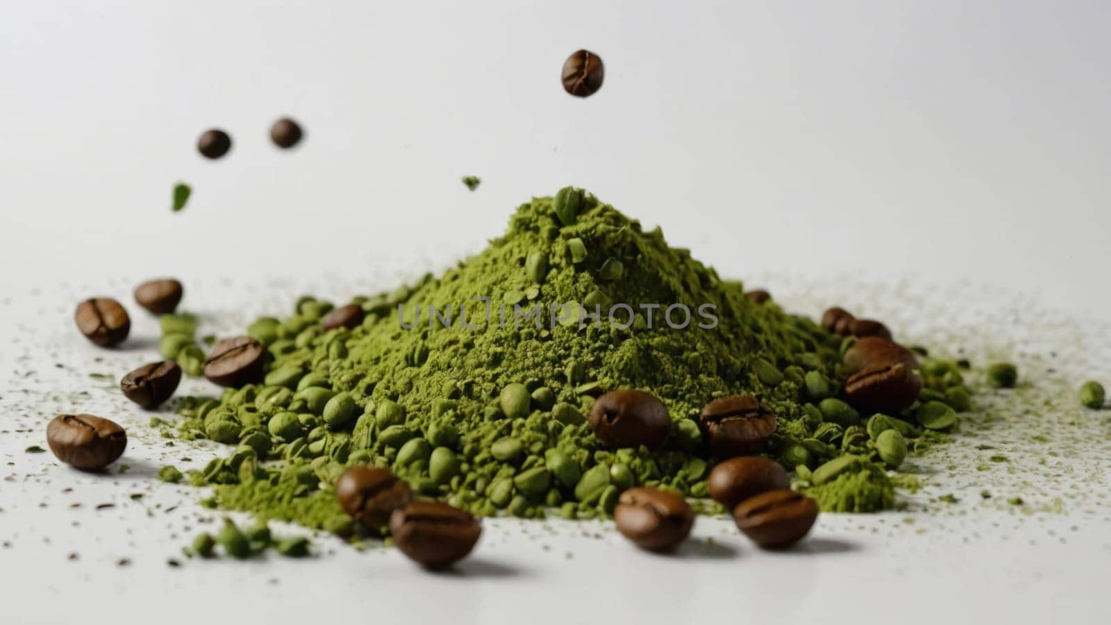 Heap of fine matcha powder and roasted coffee beans beautifully arranged on a white background..
