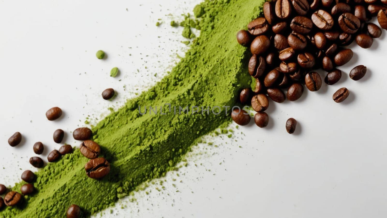 Top-Down Perspective of Matcha Powder and Coffee Beans on a White Background for Healthy Living.