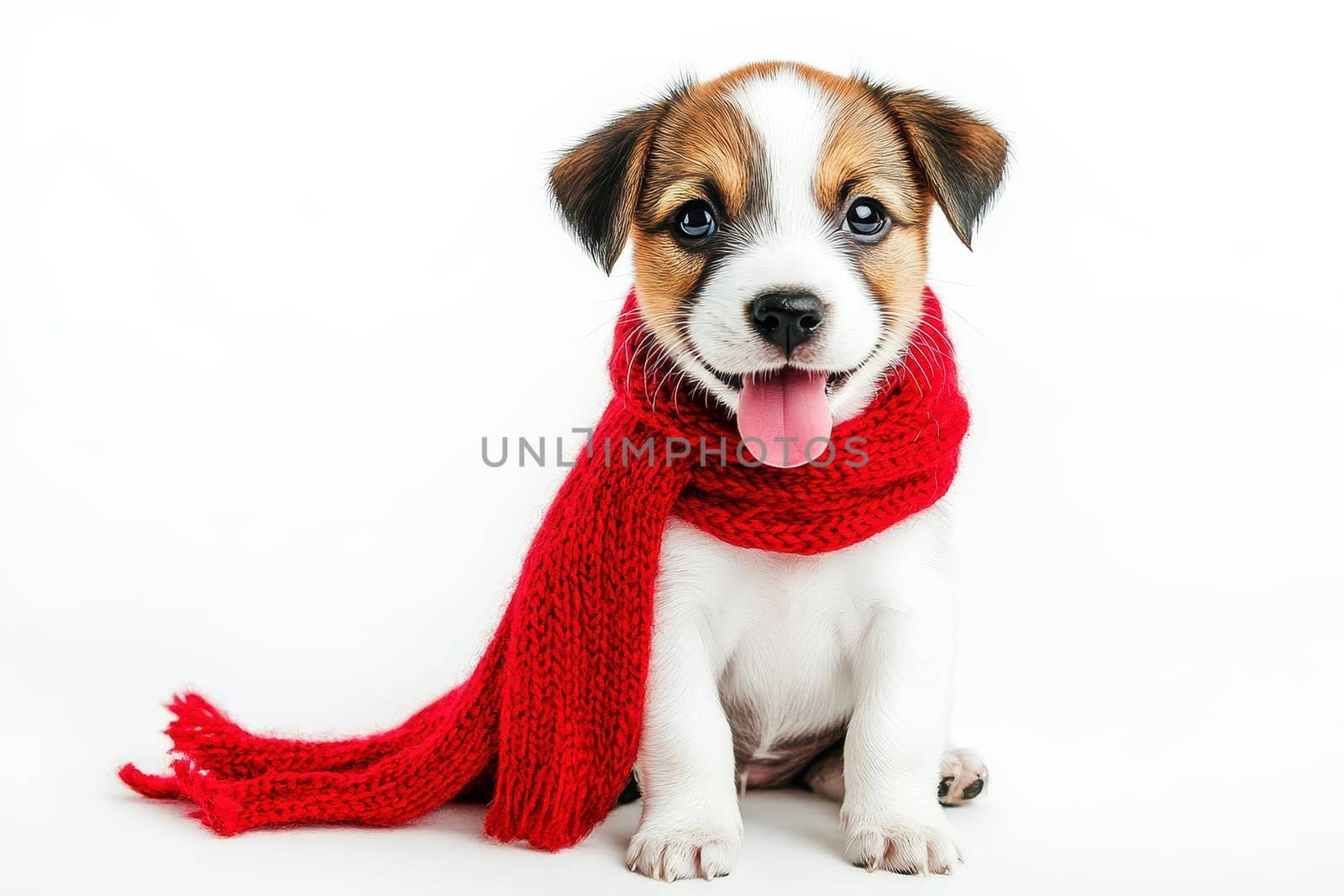 A cute dog wearing a red scarf and sitting in the snow in isolated white background..