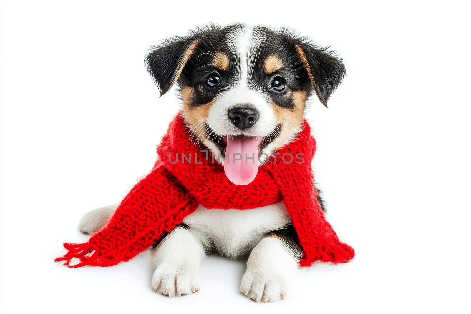 A cute dog wearing a red scarf and sitting in the snow in isolated white background..