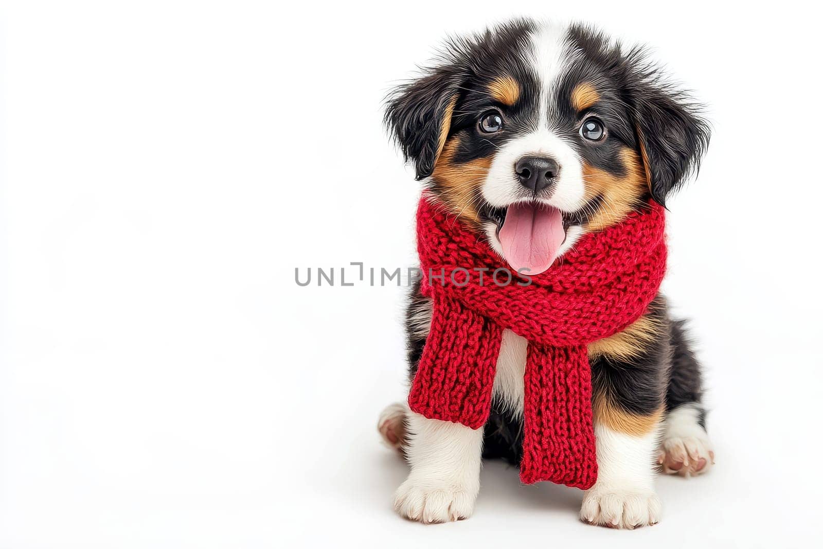 a cute baby puppy with a minimalist Christmas red scarf sitting down and sticking out its tongue in joy. Isolated white background --ar 3:2 --v 6.1 Job ID: bcef2f8d-bfc1-4d08-b70b-af306562cae3
