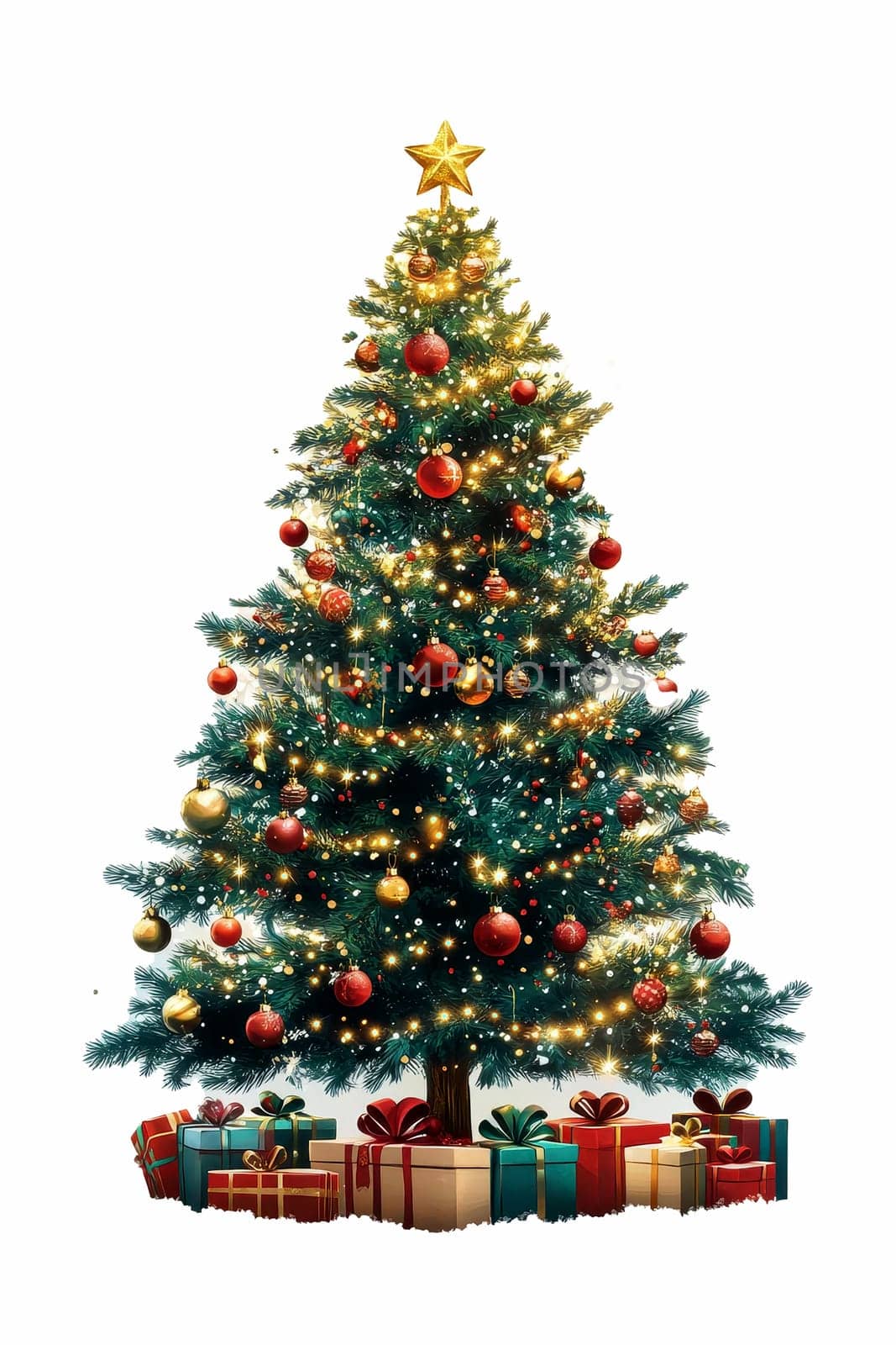 illustration, A huge beauty christmas tree illuminated decorated with ornamental balls, gift boxes and bokeh lights for christmas celebration, isolated transparent white background --ar 2:3 --v 6.1 Job ID: 0b63ff71-a16b-40b1-ba9a-40e23965c711