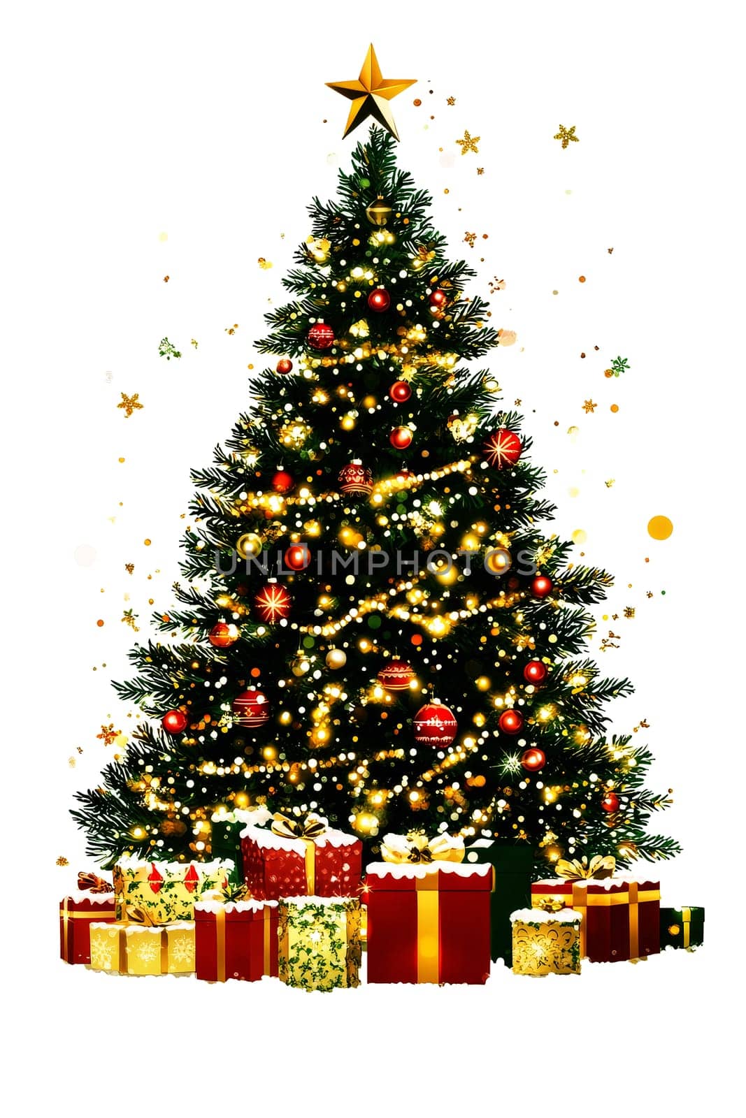 A huge christmas tree decorated with ornamental balls and bokeh lights for christmas celebration..