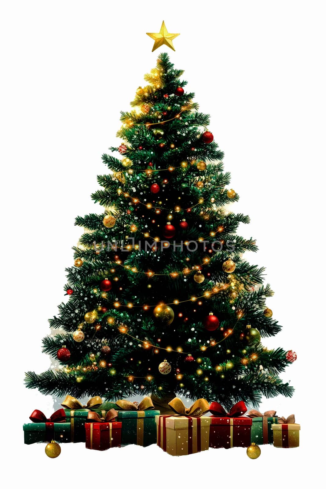 A huge christmas tree decorated with ornamental balls and bokeh lights for christmas celebration..