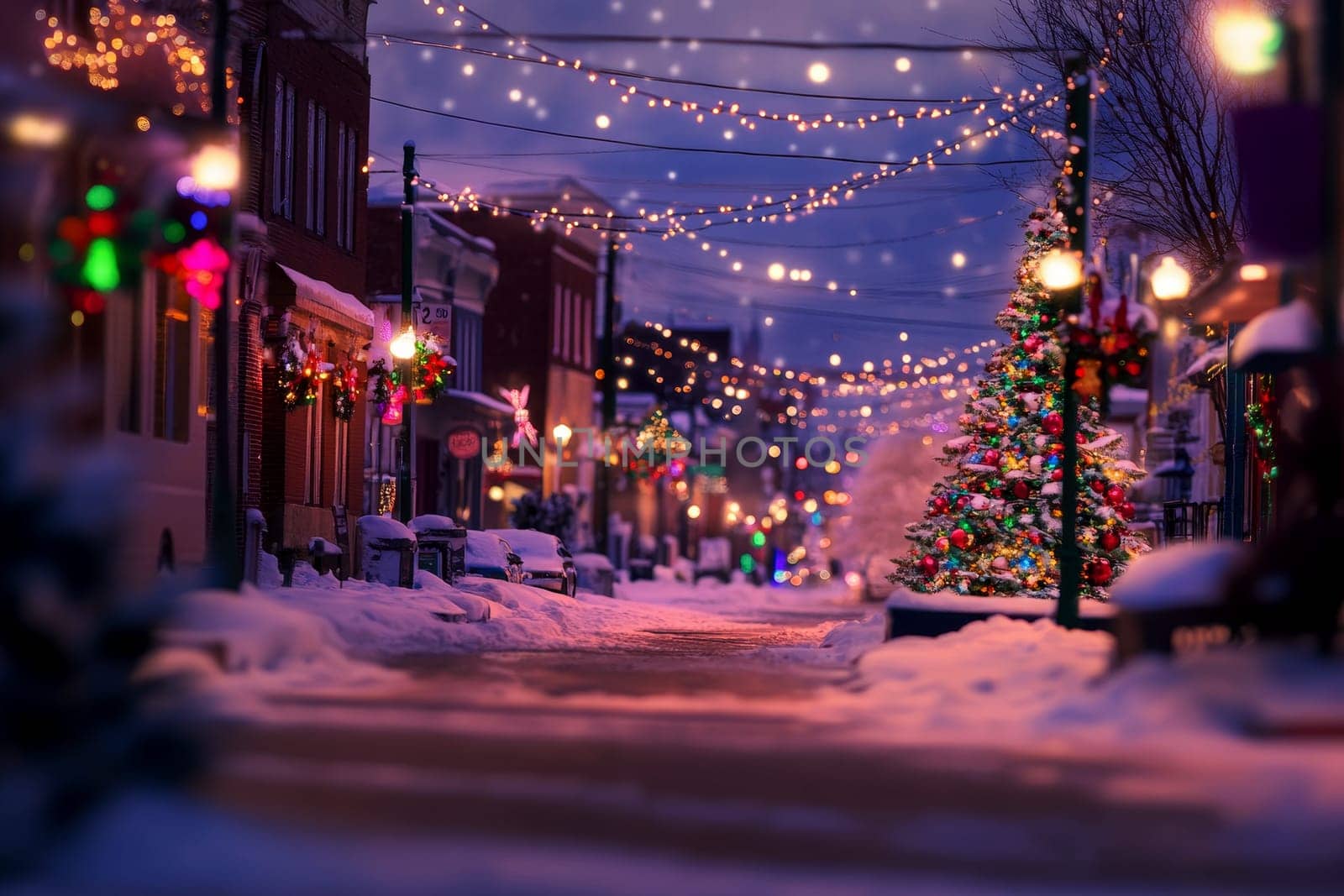 Design a snowy winter scene with a small town decorated for Christmas, featuring lighted streets, wreaths on doors, and a festive market..