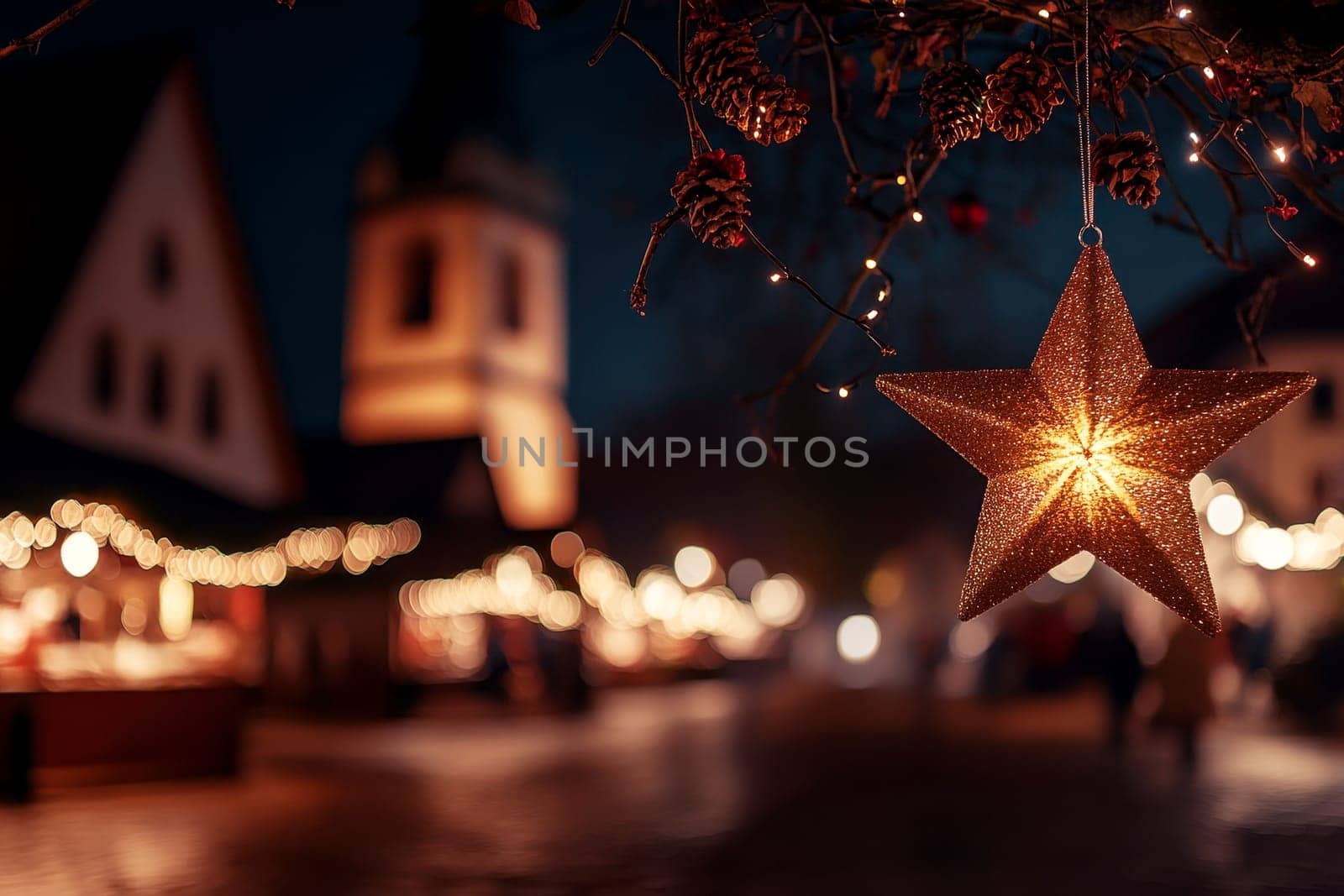 A silver star ornament hangs from a Christmas tree on Christmas market background..