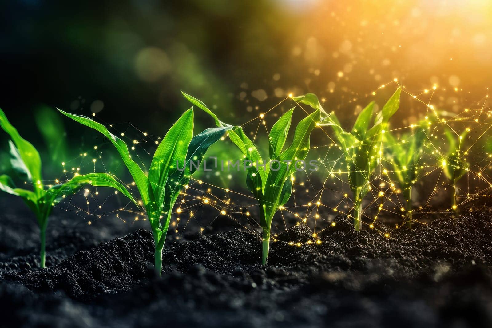 Smart farming is illustrated featuring the growth of corn seedlings accompanied by infographics emphasizing smart farming and precision agriculture.