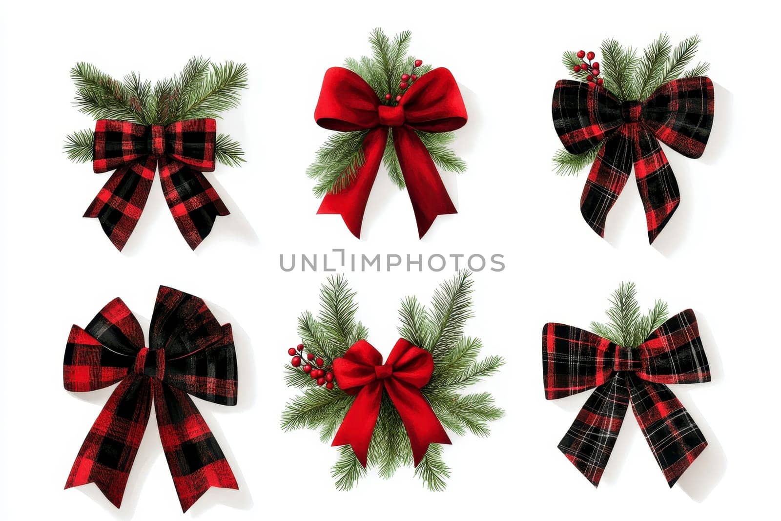 Collection of festive red and black plaid bows with greenery elements on a white isolated background..