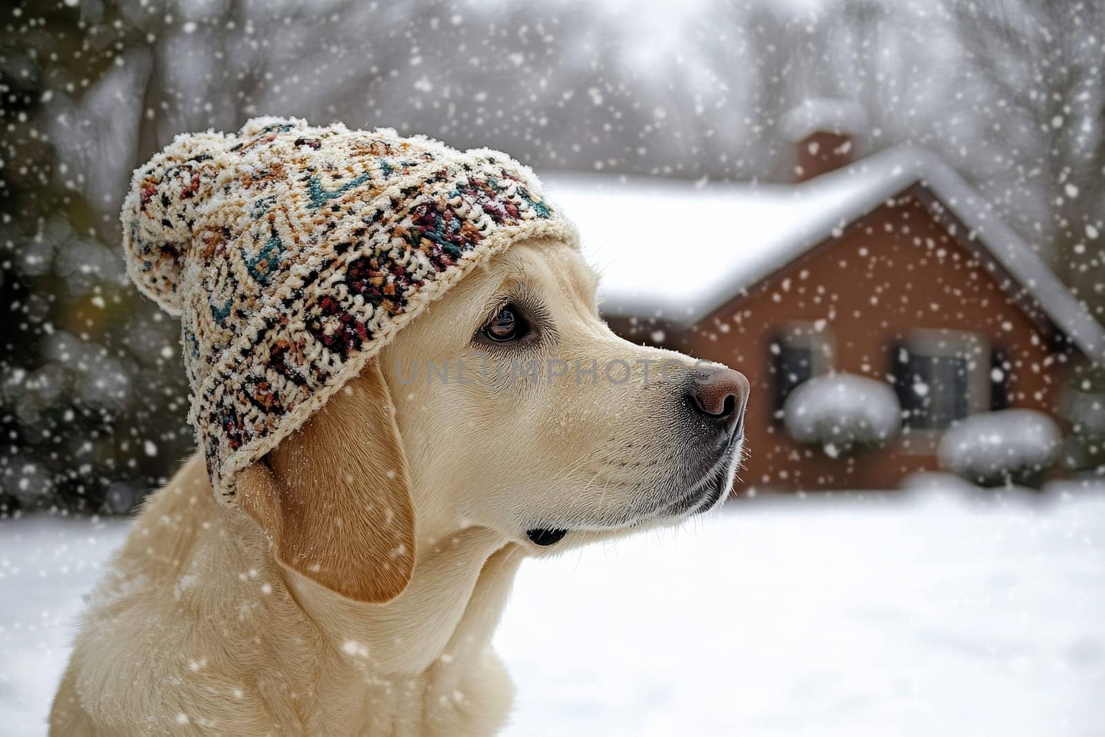 A dog is wearing a hat in a snow-covered house with trees, evoking a cold winter scene..
