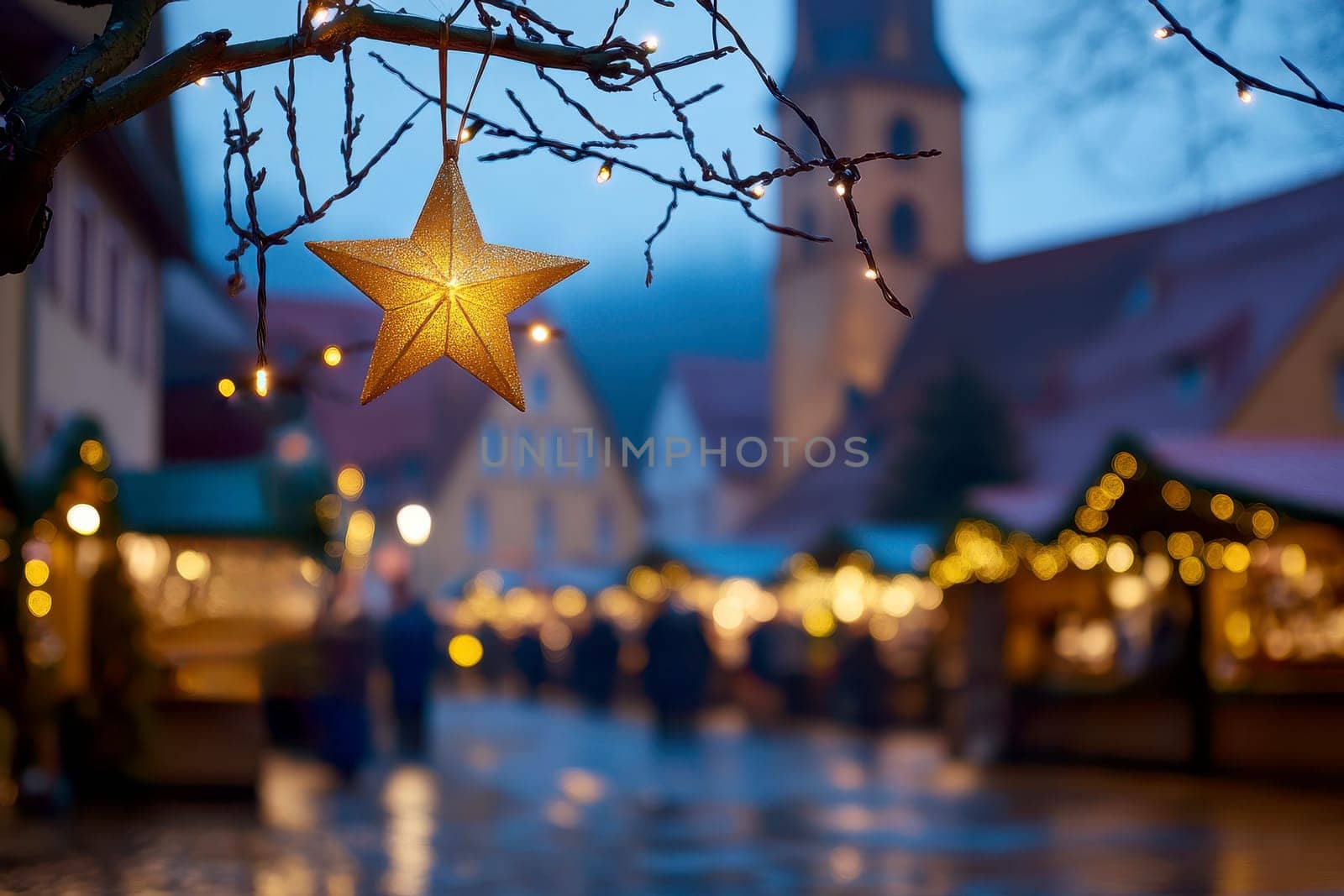 A silver star ornament hangs from a Christmas tree on Christmas market background..