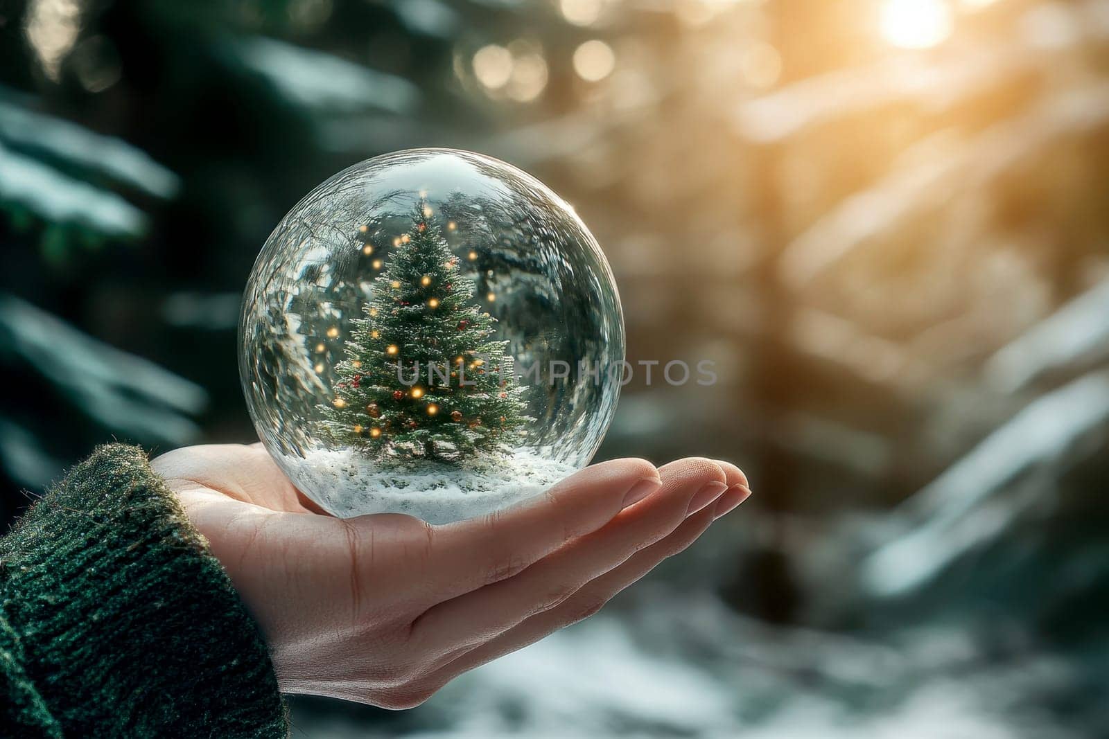 woman hold in hands glass transparent round ball with decorated Christmas tree . Christmas Celebration concept..