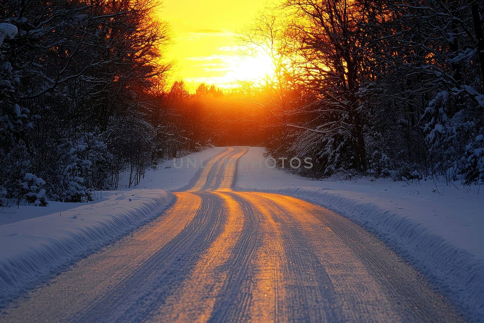 The photo shows snow-covered trees and a road in the middle of a forest during sunset..