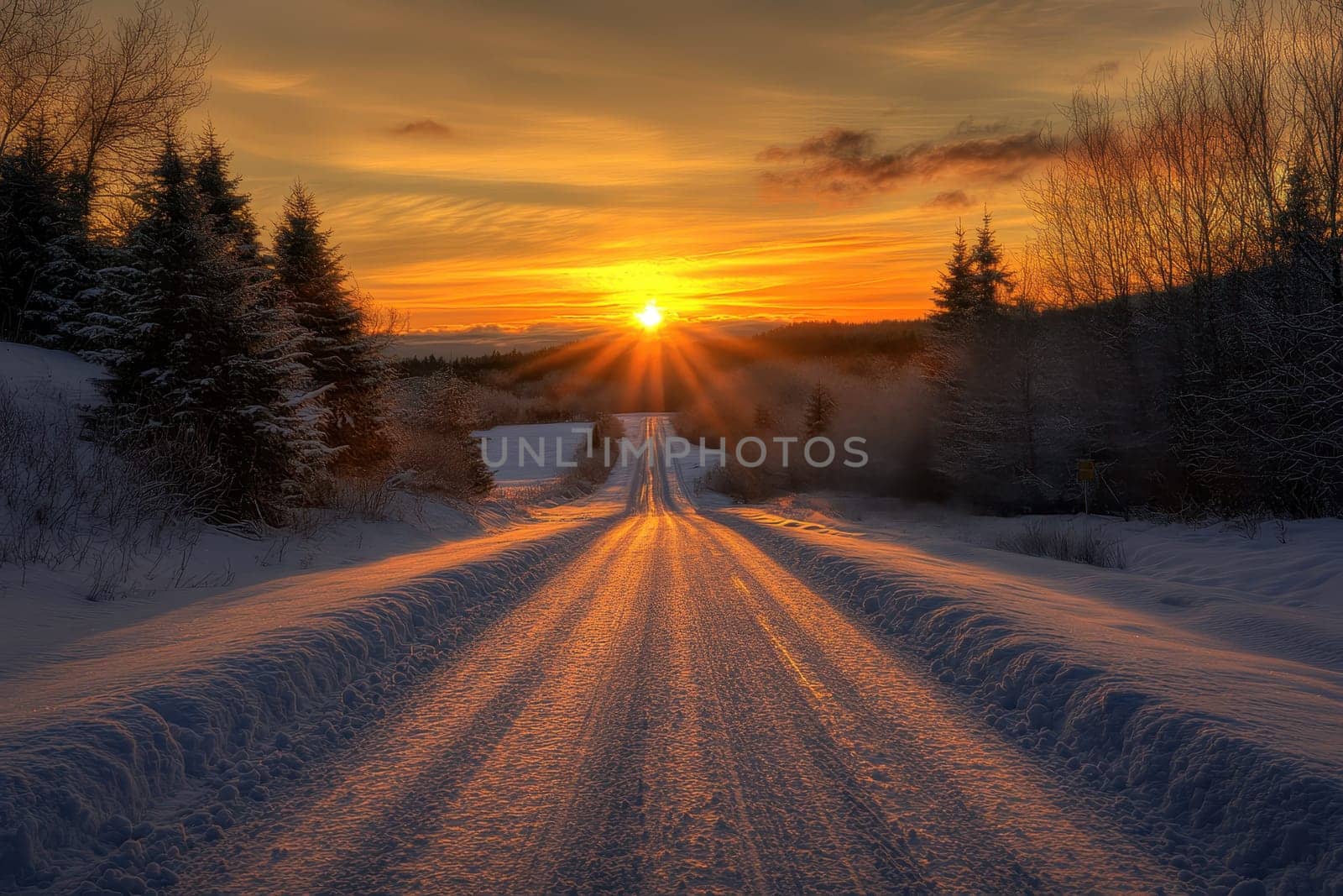 The photo shows snow-covered trees and a road in the middle of a forest during sunset..