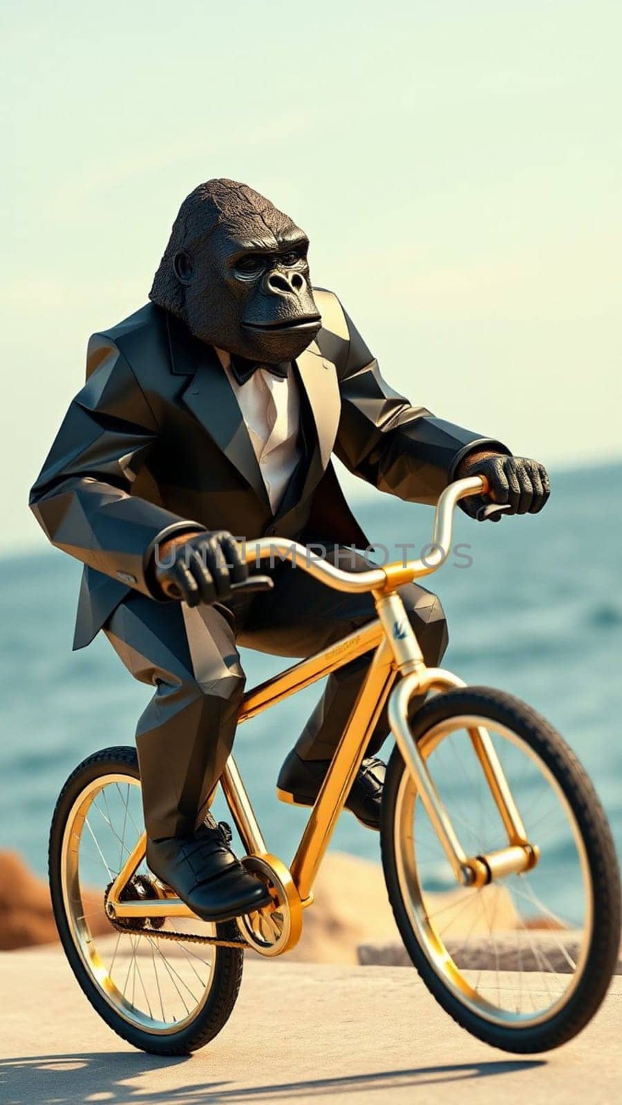 Stylish gorilla businessman in a sharp suit leisurely rides a luxurious golden bike along the ocean on a sunny day