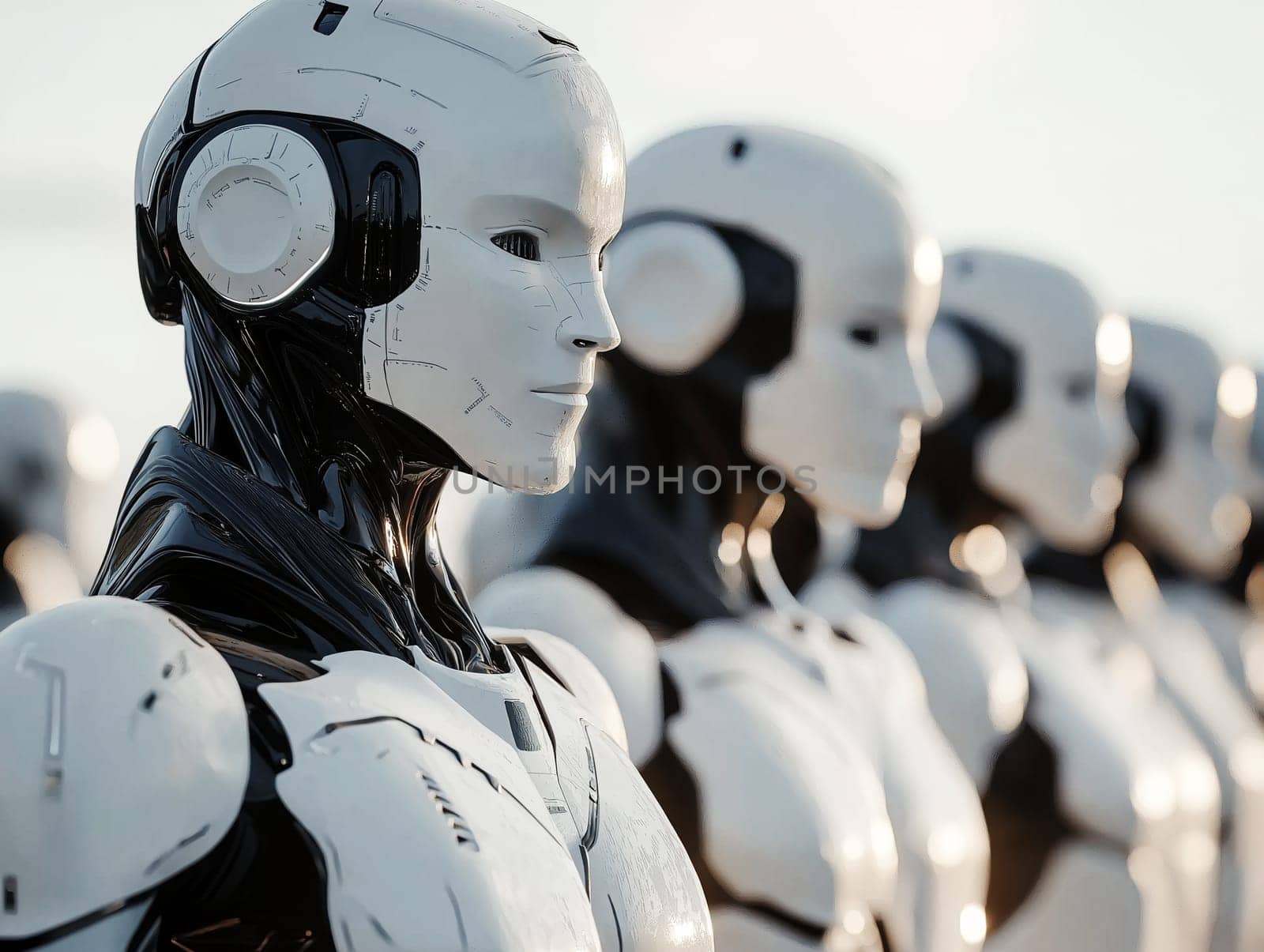 Row of AI robots standing in a line