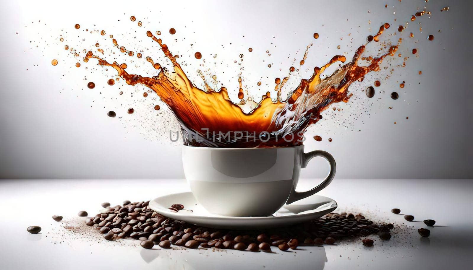 A Splash of Caffeine.A white coffee cup with a dramatic splash of dark coffee. Coffee beans and grounds surround the cup, adding to the rich, aromatic atmosphere. The image evokes a sense of energy and anticipation, perfect for a coffee-themed project.