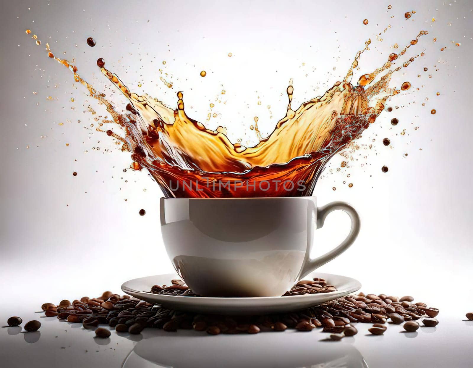 A Splash of Caffeine.A white coffee cup with a dramatic splash of dark coffee. Coffee beans and grounds surround the cup, adding to the rich, aromatic atmosphere. The image evokes a sense of energy and anticipation, perfect for a coffee-themed project.