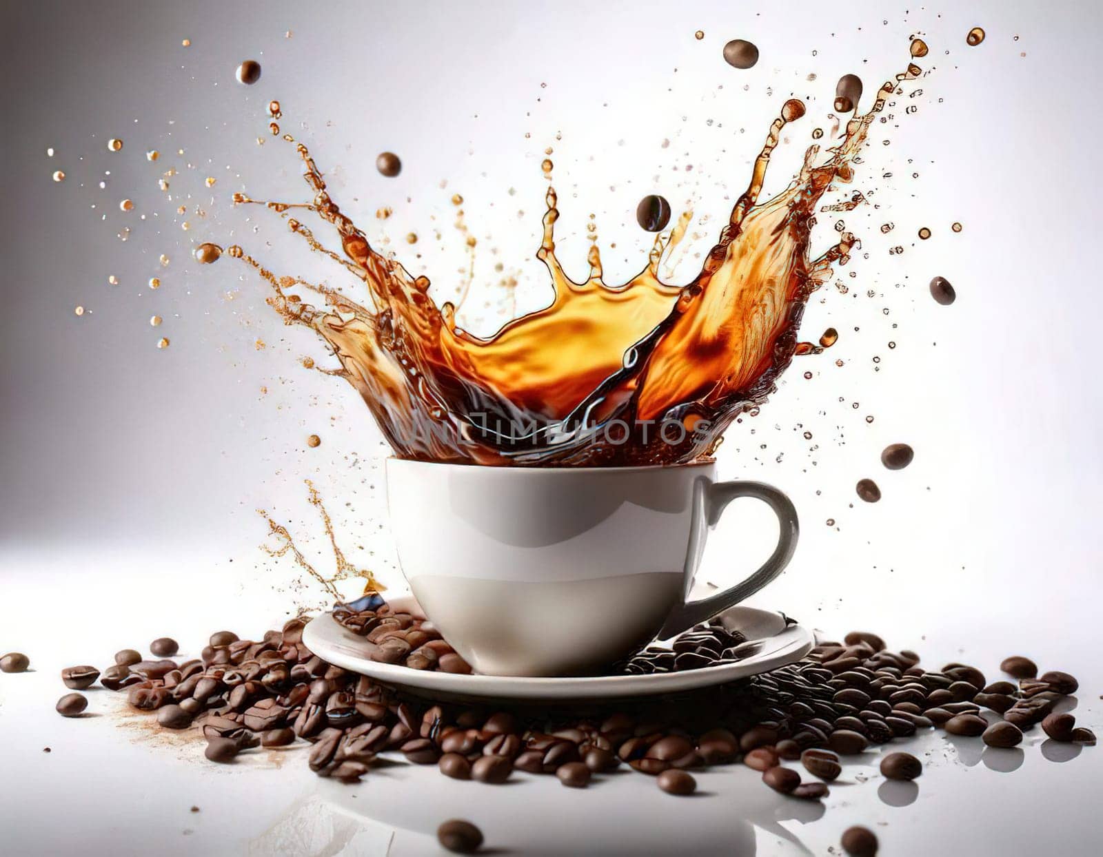 A Splash of Caffeine.A white coffee cup with a dramatic splash of dark coffee. Coffee beans and grounds surround the cup, adding to the rich, aromatic atmosphere. The image evokes a sense of energy and anticipation, perfect for a coffee-themed project.